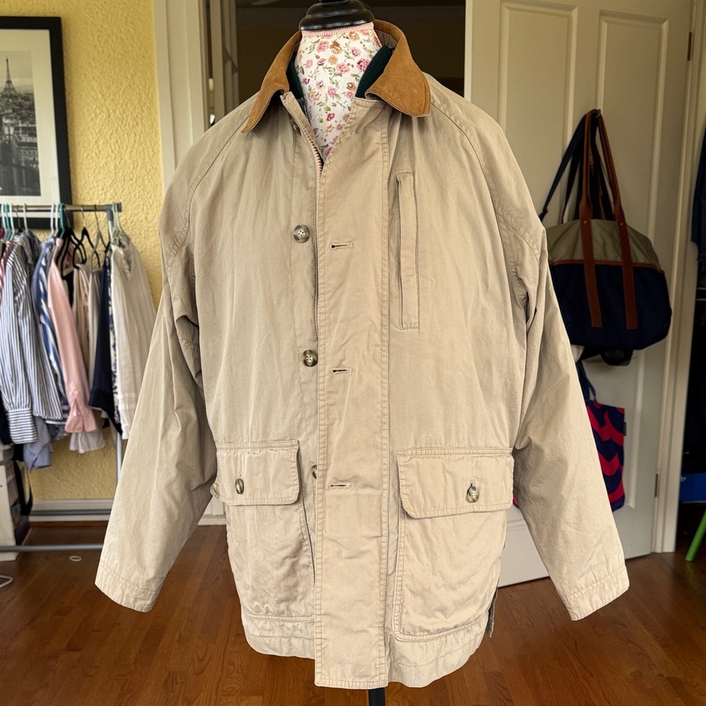 Vintage Orvis Beige Field Jacket with Leather Collar and Insulated Vest